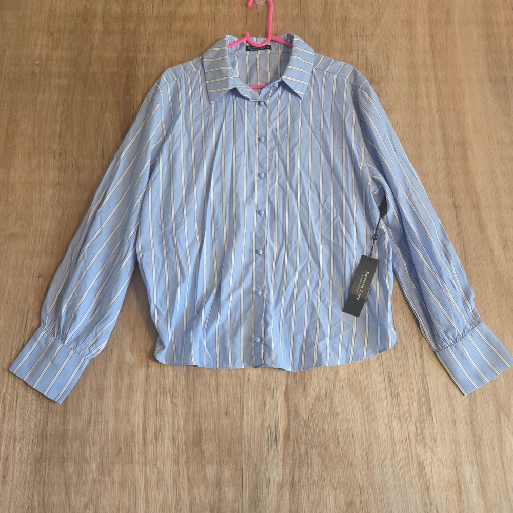 Striped Balloon Sleeve Crop Button Up Blouse Ruched Elastic Back Blue XL NWT